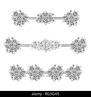 Set of three different black outline horizontal flower frames isolated on white background Stock Vector