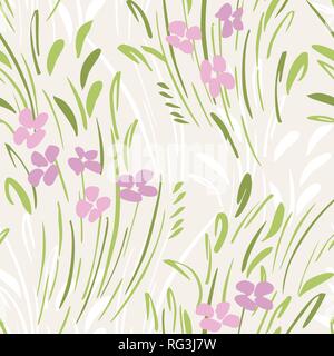 Feminine abstract gestural ditsy floral vector pattern. Simplistic small scale hand drawn pastel blooms on beige background. Minimal flowers, leaves Stock Vector