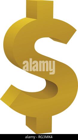 Gold colored dollar sign on white background. Currency icon design. Stock Vector