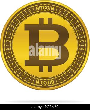 Gold colored bitcoin on white background. Currency icon design. Stock Vector
