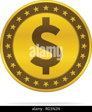 Gold colored dollar coin on white background. Currency icon design. Stock Vector