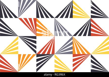 Seamless, abstract background pattern made with stripes forming triangle shapes. Playful, modern vector art. Grey, orange, yellow and black colors on  Stock Vector