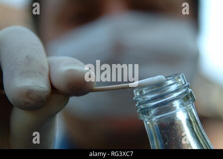 DEU, Germany, NRW: Forensic police officer looks for objects which might have been in contact with a suspect Stock Photo