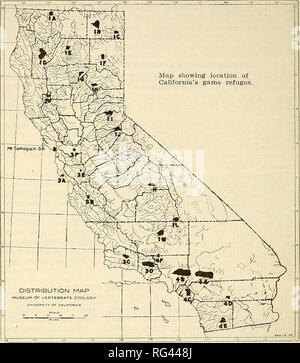 . California fish and game. Fisheries -- California; Game and game-birds -- California; Fishes -- California; Animal Population Groups; Pêches; Gibier; Poissons. 24 riSH AND GAME COMMISSION.. Fig. 5. Map showing location of California's game refuges. There are now 28 state refuges, comprising an area of 1,792,000 acres. FUR RESOURCES. The fur trade played an important part in the early history of Cali- fornia, but after the depletion of the two more valuable fur bearers, the sea otter and the beaver, the fur-trading companies deserted the field and the catch was left to mountaineers who wished