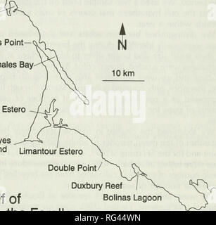 . California fish and game. Fisheries -- California; Game and game-birds -- California; Fishes -- California; Animal Population Groups; Pêches; Gibier; Poissons. POPULATION DYNAMICS OF HARBOR SEALS 225 Lagoon. Much of the coastline, except for that south of the Golden Gate, is largely undeveloped and all is under the jurisdiction of either the Point Reyes National Seashore, U.S. Fish and Wildlife Service, Gulf of the Farallones National Marine Sanctuary, or Golden Gate National Recreation Area. Bodega Bay Tomales Polnt- Tomales Bay - 38°00'. Drakes Estero Point Reyes Headland Llmantour Double  Stock Photo