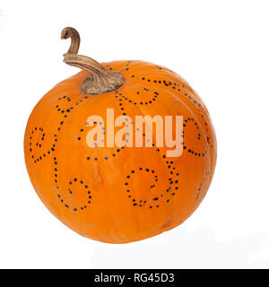 Decorated orange squash, small pumpkin, isolated on white. Handicraft art. Stock Photo