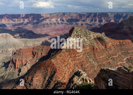 View from the Cape Royal towards Freya Castle and the Grand Canyon (looking approx SE), Grand Canyon North Rim, Arizona, United States. Stock Photo