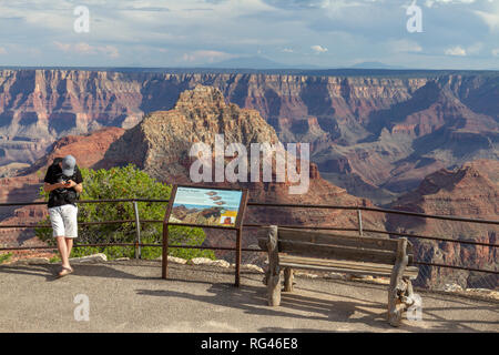 A young visitor looks at his phone with a staggering view behind, Cape Royal viewpoint, Grand Canyon North Rim, Arizona, United States. Stock Photo