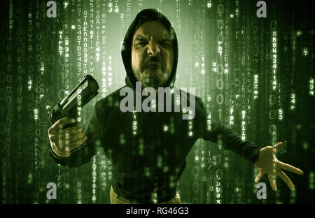 Masked and armed anonymous hacker breaking in cyber security cloud data concept  Stock Photo
