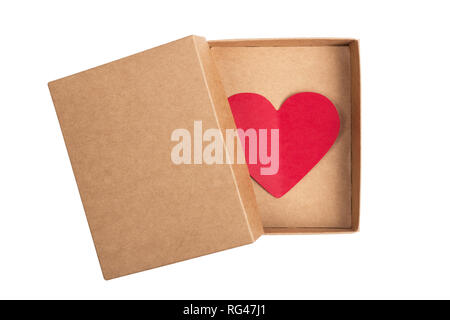 Red paper heart in cardboard box with lid isolated on white background Stock Photo