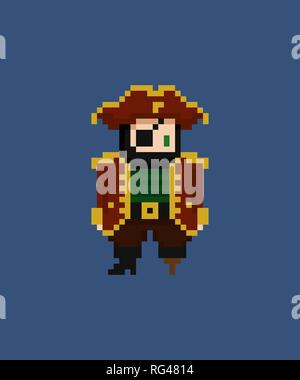 Pixel art vector illustration - 8 bit pirate captain with eye patch and leg crutch Stock Vector