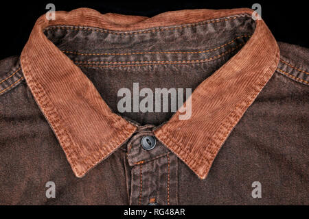 close-up of collar of casual shirt in brown Stock Photo