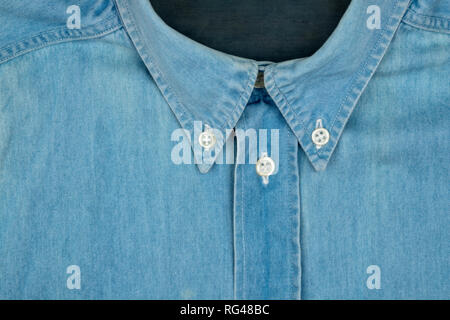 close-up of collar of casual shirt in blue Stock Photo