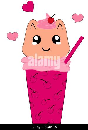 Kawaii Milkshake Cherry with Kitten Character. Vector eps 10 Stock Vector