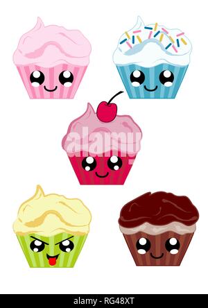 Collection with kawaii cupcakes. Vector file eps 10 Stock Vector