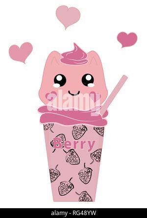 Kawaii berry milkshake with kitten. Vector file EPS 10 Stock Vector