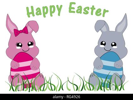 Kawaii Easter card with bunny girl, bunny boy and the text Happy Easter. Vector file EPS 10 Stock Vector