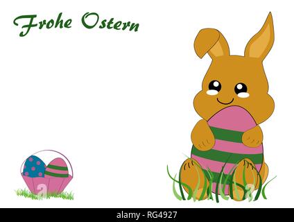 Kawaii easter card with cute rabbit kid, easter basket and the text happy easter. Vector file EPS 10. With text Happy Easter in german Stock Vector