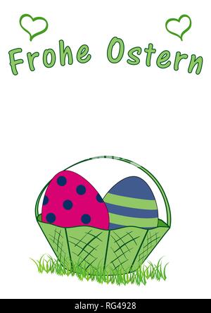 Easter card with Easter basket with Easter eggs, and the text Happy Easter. Vector file EPS 10. With text Happy Easter in german Stock Vector