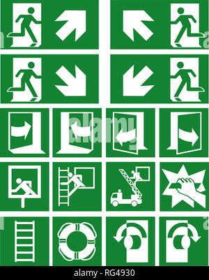 Collection of current escape signs (escape routes) according to ASR (A1.3) / ISO Eps 10 vector file Stock Vector