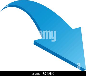 Blue curved DOWN arrow. 3d icon. Vector illustration isolated on white Stock Vector
