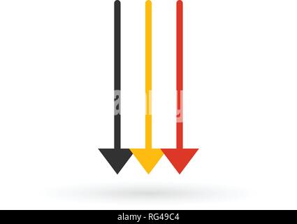 Three Parallel Vertical Arrows in different colors Pointing down. vector illustration isolated on white Stock Vector