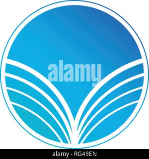 Blue Abstract Round logo with curved stripes, sun rays. Vector illustration isolated on white Stock Vector