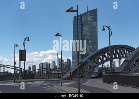 the honsell bridge with new building of the european central bank (ezb) in Frankfurt am main, germany Stock Photo