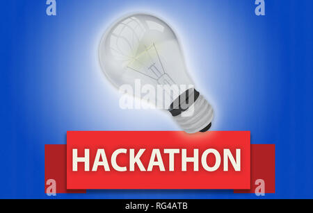 Colorful HACKATHON concept with red text banner and 3d rendered domestic light bulb, isolated with a glow around it over a blue background Stock Photo