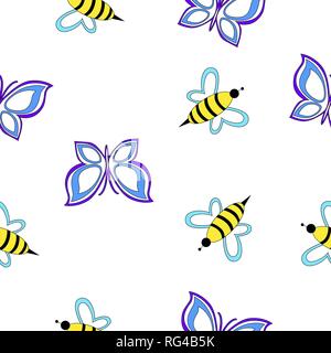 Seamless simple pattern with bees and butterflies isolated on a white background. Stock Vector