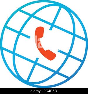 Globe and phone icon, global client support, call center. Vector illustration isolated on white Stock Vector