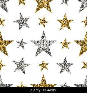 Gold and silver stars on white background. Seamless pattern. Vector illustration Stock Vector