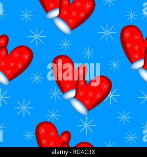 Seamless pattern of a pair of red mittens and white snowflakes isolated by blue background. Stock Vector