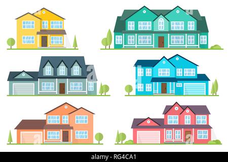 Vector flat icon suburban american house. For web design and application interface, also useful for infographics. Family house icon isolated on white background. Stock Vector