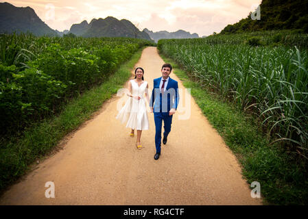 Happy couple having fun in a sugar cane field at sunset Stock Photo