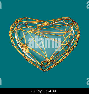 Polygonal golden heart on blue background. Valentines day Stock Photo