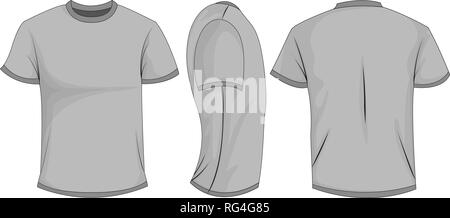 Black/dark gray mens t-shirt with short sleeves. Front, back, side view. Isolated on white background. Vector illustration, EPS10. Stock Vector