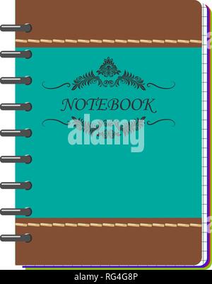 Spiral notebook mockup with place for your image, text or corporate identity details. Closed notepad with vintage label. Vector illustration, EPS10. Stock Vector