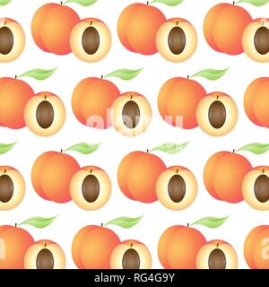 Seamless background with juicy peaches, whole and half. Vector illustration, EPS10. Stock Vector