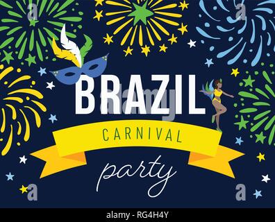 Brazil carnival party web banner, invitation with fireworks. Hand drawn samba woman dancer and mask with feathers decoration. Design Brazilian flag Stock Vector