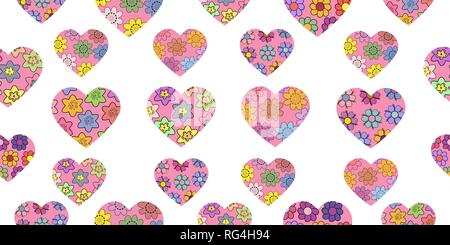 Seamless pattern made from abstract hearts. Heart from different spring flowers. Isolated elements on a white background. Vector hand drawing illustra Stock Vector