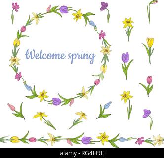 Colorful wreath from beautiful crocuses, narcissus and tulips. Endless horizontal brush. Seamless horizontal border. Vector hand drawing illustration. Stock Vector