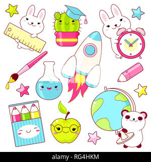 Back to school. Vector set of education icons in kawaii style. Bunny with alarm clock and ruler, panda with globe, pencil, apple, rocket. EPS8 Stock Photo