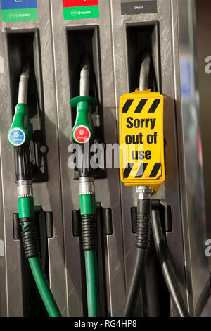 A petrol station with petrol and diesel pumps out of fuel with signs ...