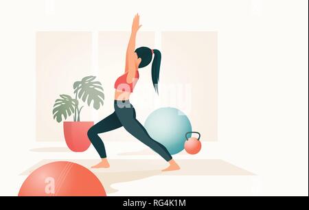 A young women in a fitness studio practicing Yoga, People vector illustration Stock Vector