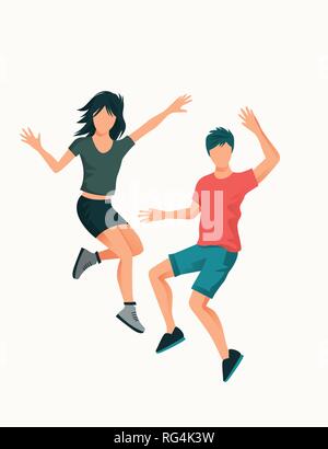 A young happy couple jumping high up. People vector illustration. Stock Vector