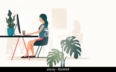 A casual women working at a desk in a office using a comptuer. People vector illustration Stock Vector