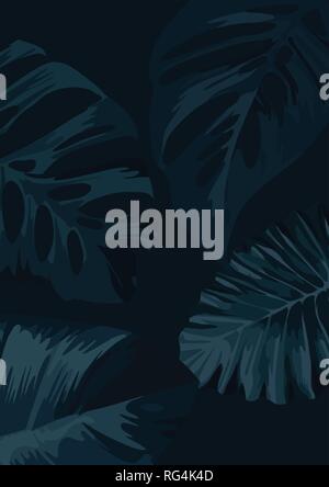 A dark botanical floral background with palm tree leaves. vector illustration Stock Vector