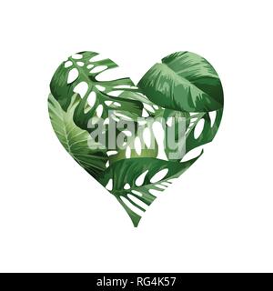 A green heart love concept made from tropical green palm plant leaves. Vector illustration. Stock Vector