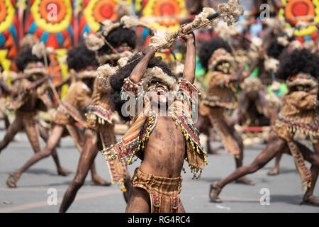 Iloilo City, Philippines. 27th Jan, 2019. The culmination of Dinagyang, one of the most vibrant annual street dancing festivals in the Philippines took place on Sunday with ten of the best Ati Tribes taking part in the spectacular showdown. Some contingent groups numbered up to 350 participants which included drummers props people and dancers. Credit: imagegallery2/Alamy Live News Stock Photo